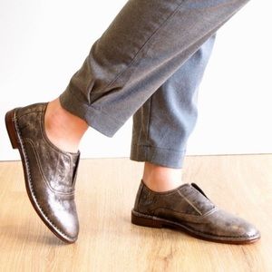 TRASK Avery Laceless Mantailored Flat Pewter Leather Shoes SlipOn Oxford 7.5 NEW